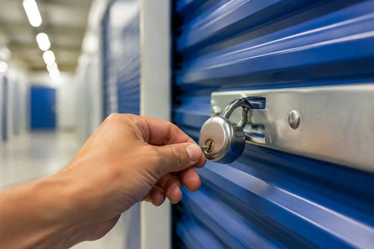 Trouver le meilleur garde-meuble en Haute-Garonne selon son budget Gros plan sur un cadenas en acier renforcé verrouillant la porte métallique d'un box